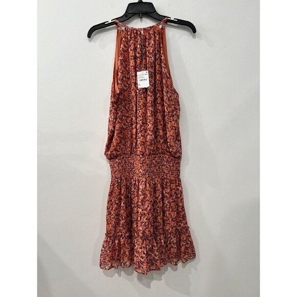 New RAMY BROOK Size M Preston Mini Dress Coral Combo Smocked Waist, Ruffle Hem - Picture 10 of 14